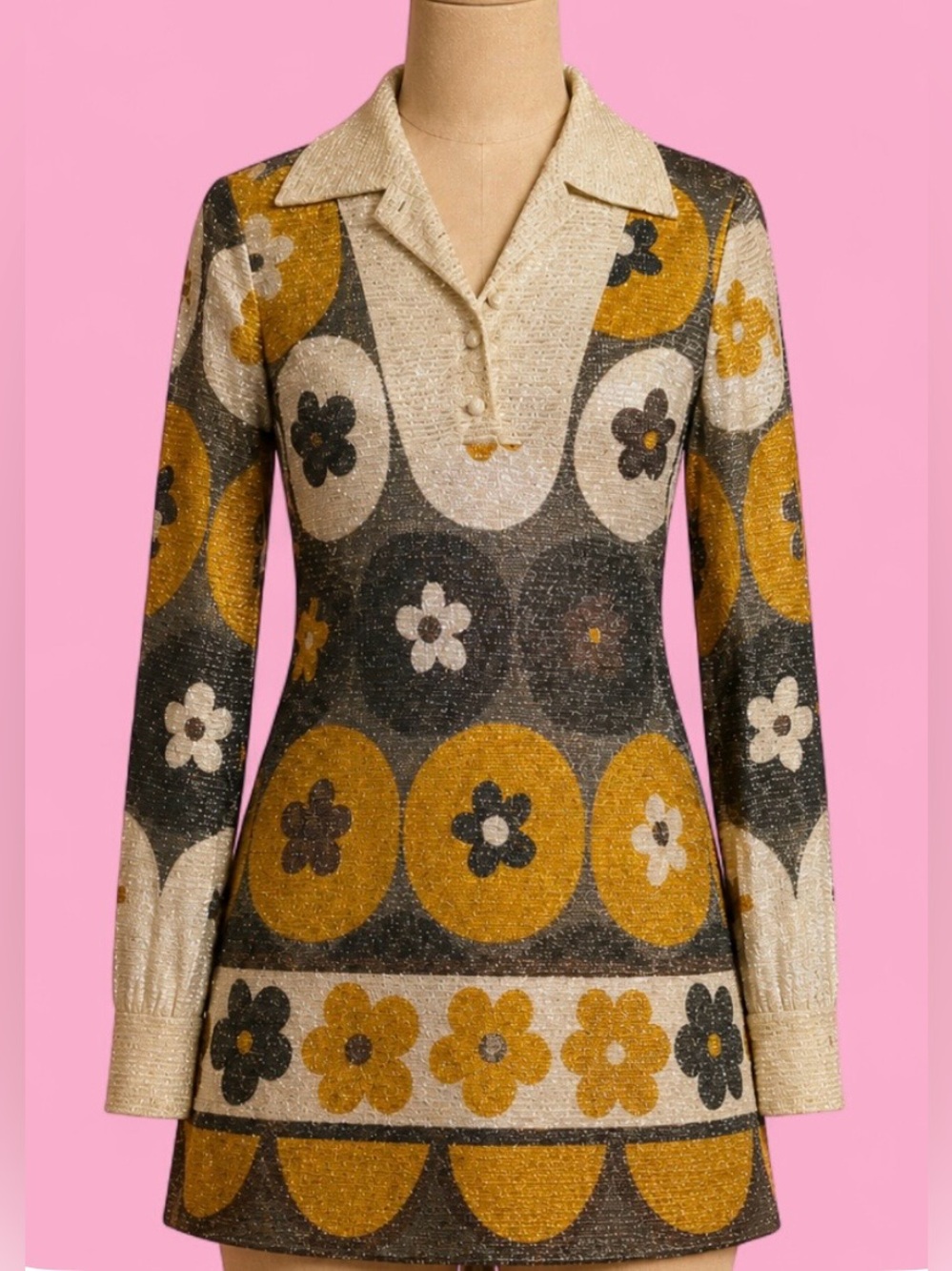 Vintage 60s 70s Pat Richards Metallic Mod Mini Dress Daisy Lurex Medium